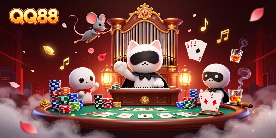 Experience the excitement of QQ88 with a vibrant 3D casino illustration showcasing a lively scene of gaming characters.