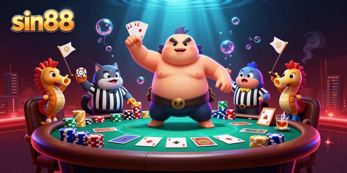 Sparring action at sin88: A fugu puffed in a sumo belt faces a wise catfish referee, vibrant colors fill the underwater casino scene.