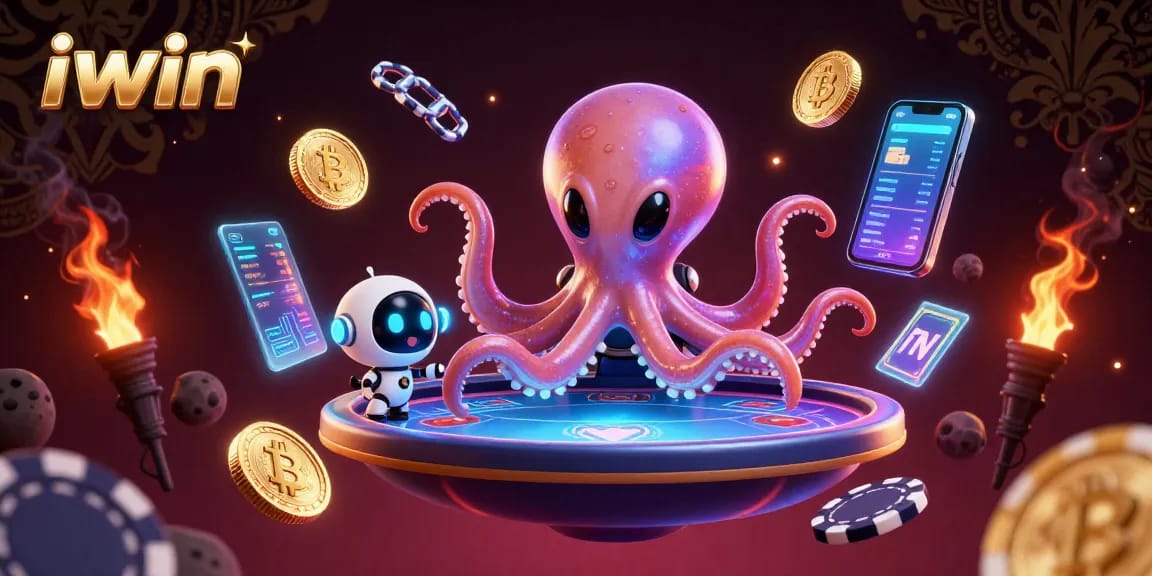 Experience thrilling poker games with iwin's alien octopus dealer amidst vibrant cryptocurrency elements.
