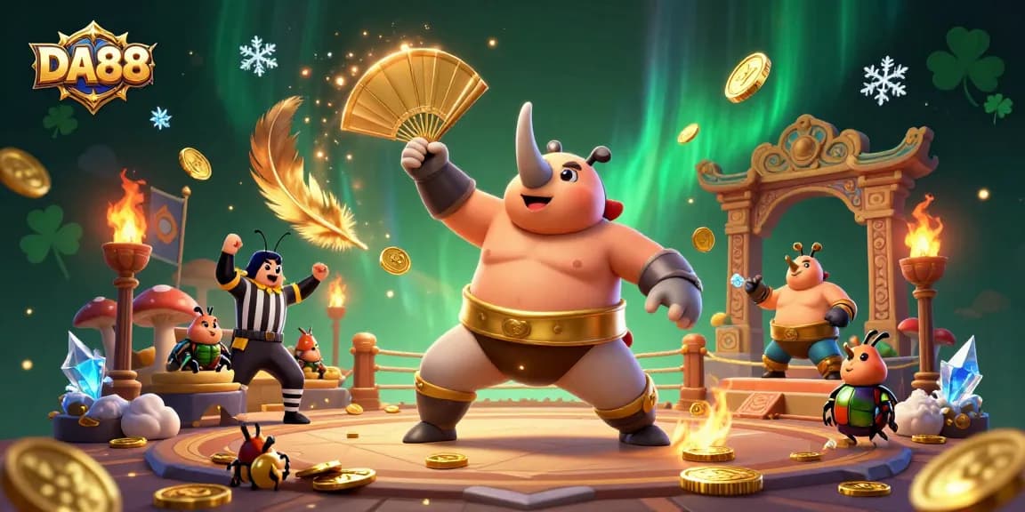 DA88 showcases dynamic beetle-themed online casino excitement with golden coins flying.