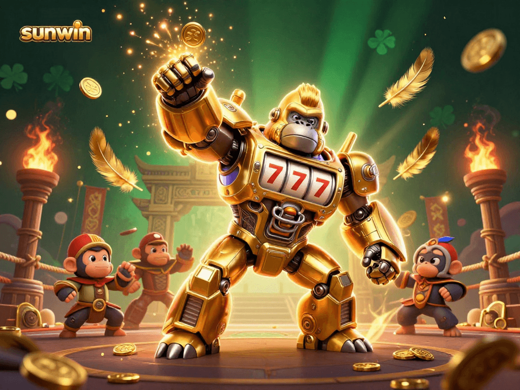 Join the excitement with sunwin's exhilarating golden gorilla mech blasting through coins in a vibrant casino scene.