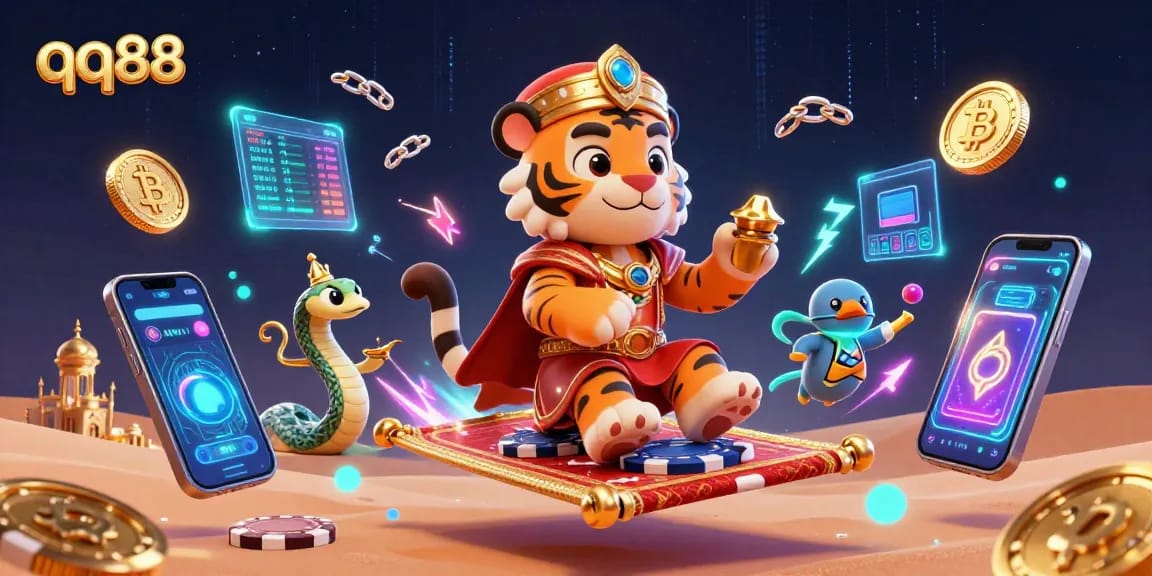 Experience the magic of qq88 with an enchanting casino scene featuring vibrant characters and crypto elements.