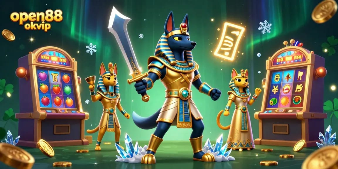 Experience the thrill of gambling with open88 okvip as Anubis and Bastet animate a vibrant casino scene.
