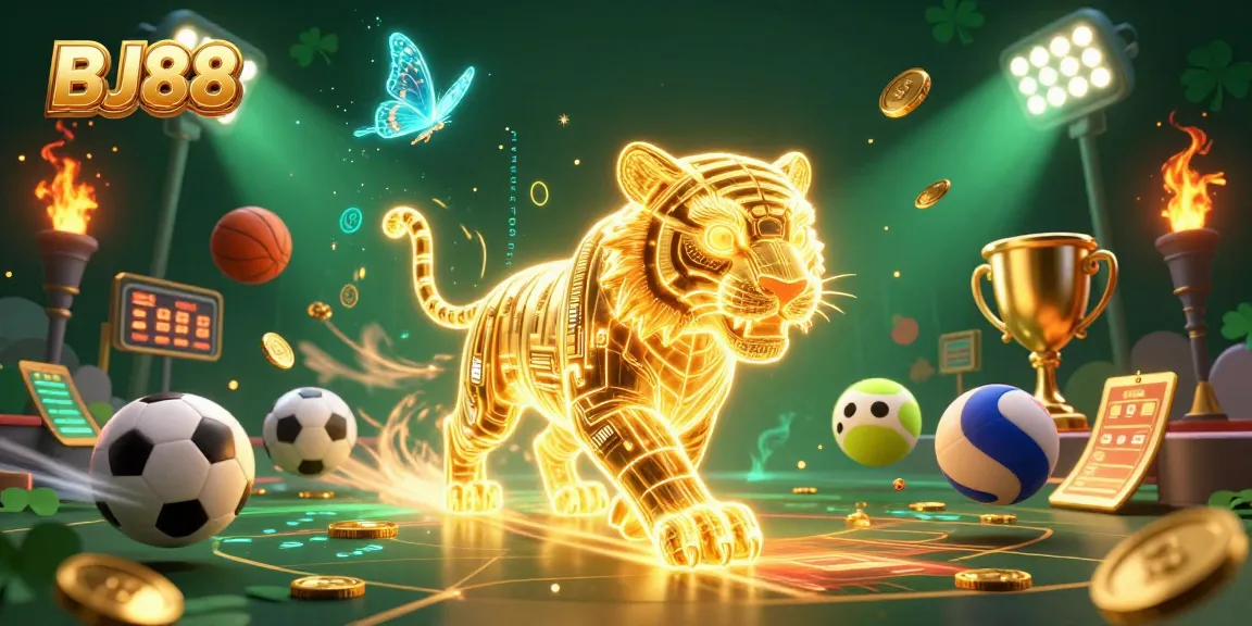 Experience the thrill at BJ88's dynamic casino with golden tiger and vibrant sports elements.