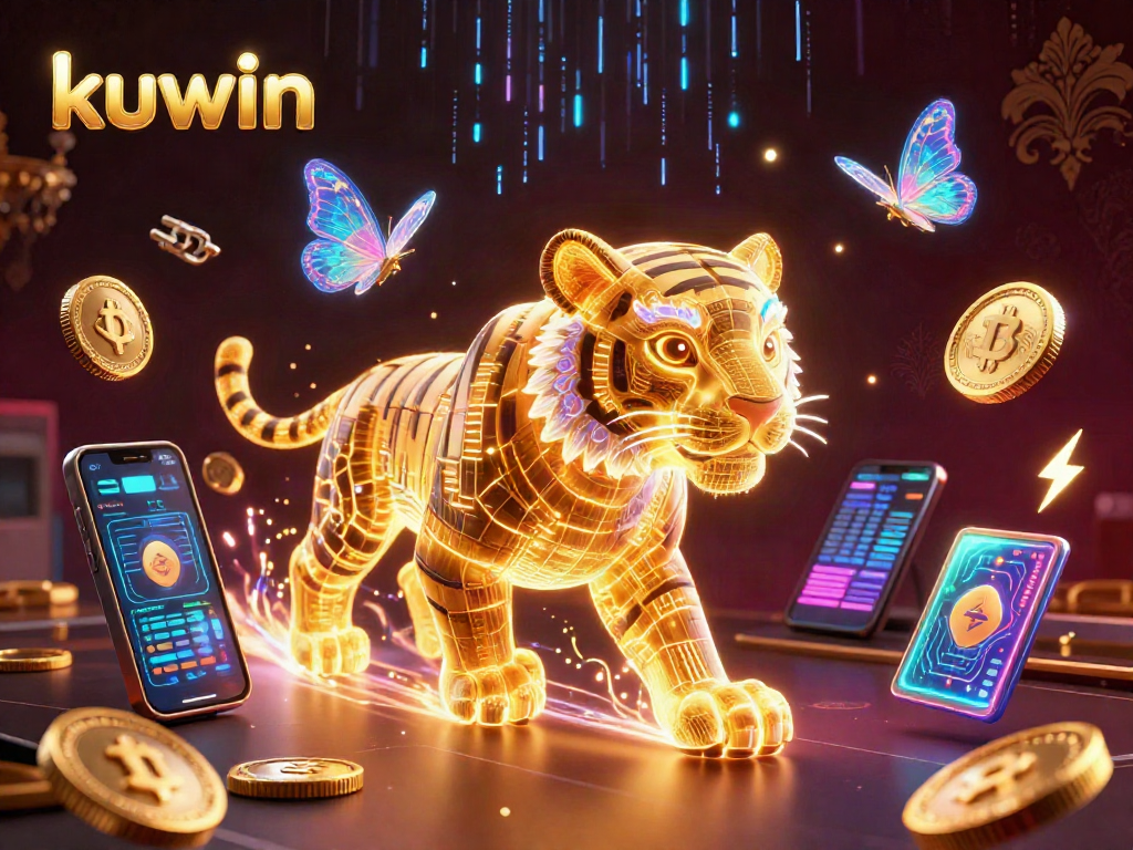 Kuwin offers an engaging experience with a vibrant casino scene featuring a neon tiger and cryptocurrency elements.