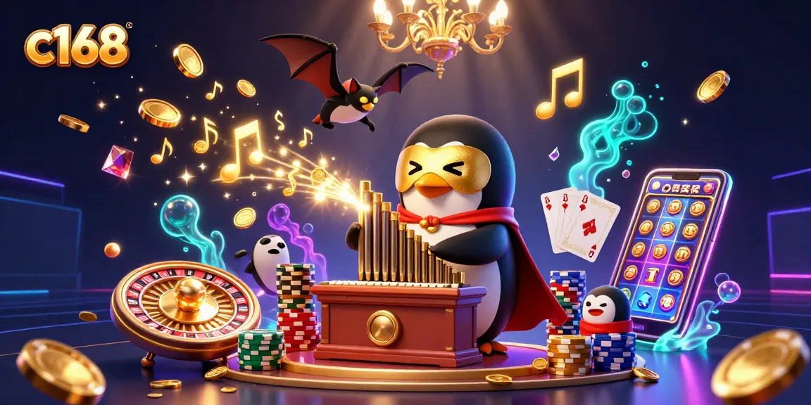 Engage with c168’s thrilling atmosphere as a penguin plays an organ shooting golden coins!