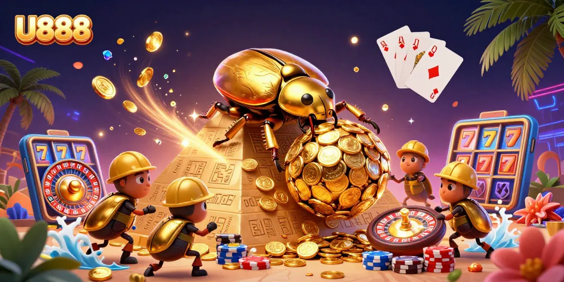 Experience U888 excitement with golden beetles and sparkling casino elements in a dynamic 3D illustration.