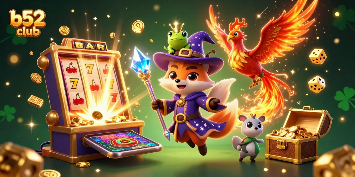 Bets on the exciting b52 club come alive with a vibrant 3D wizard fox and phoenix illustration amidst vibrant casino symbols.