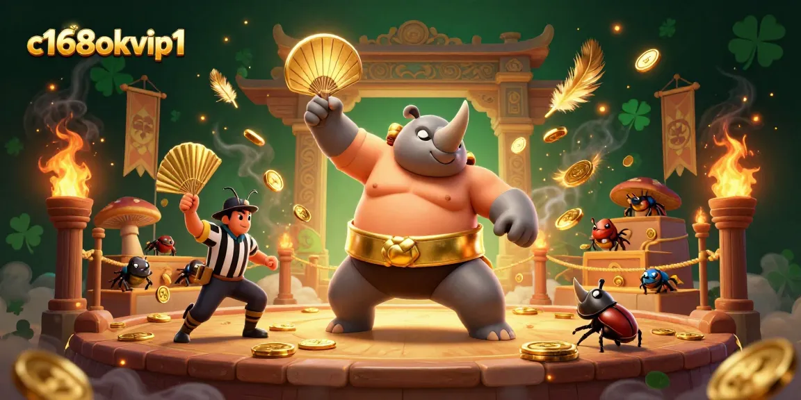C168okvip1 unleashes thrills as a sumo beetle stomps gold coins in a dynamic casino battle scene.