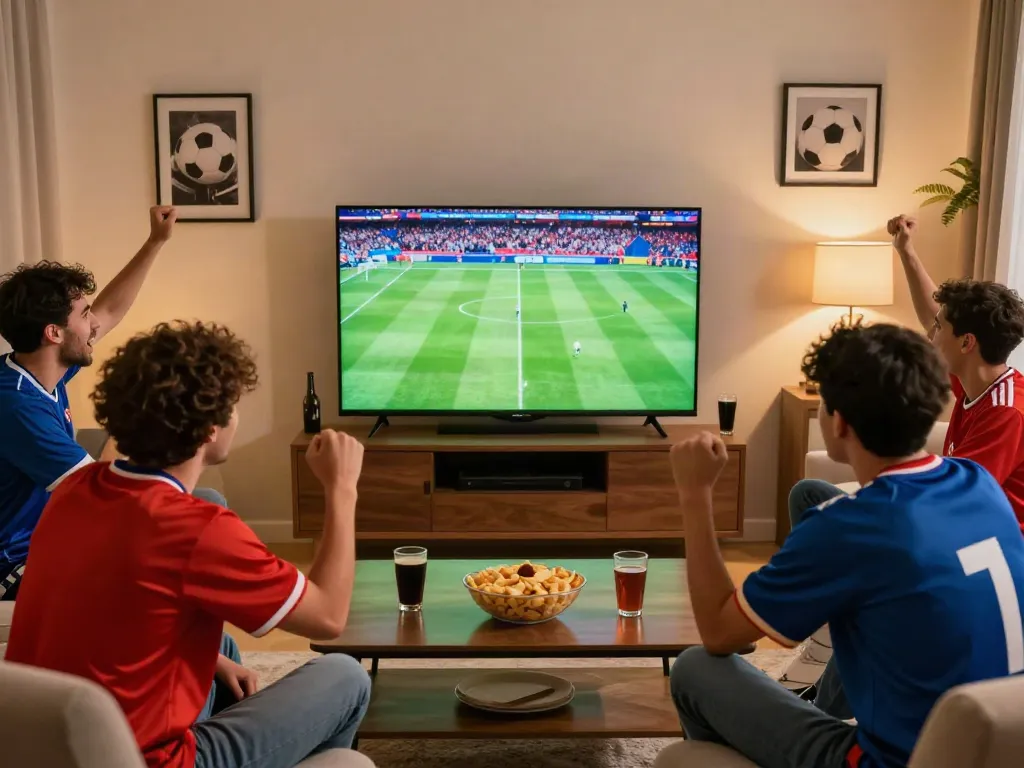 Fans enjoying a football match together while watching thapcamtv in a lively living room.