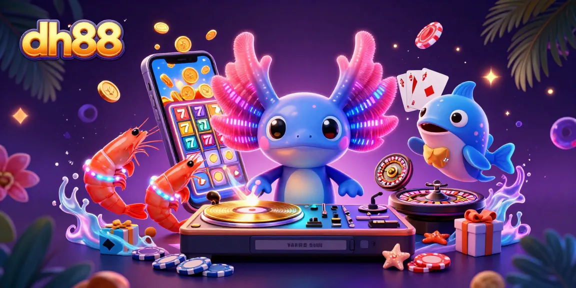Engage with exciting gaming at DH88: a vibrant underwater casino scene featuring a DJ axolotl and slot games.