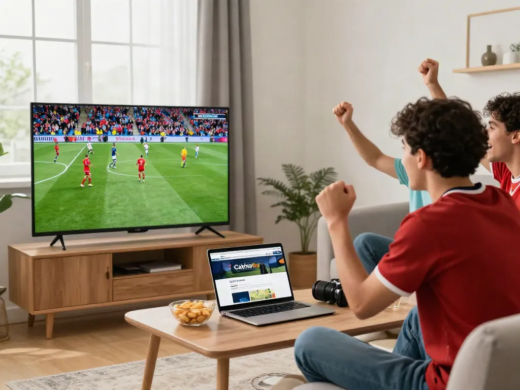 Cakhiatv viewing experience with friends enjoying a live football match in high definition.