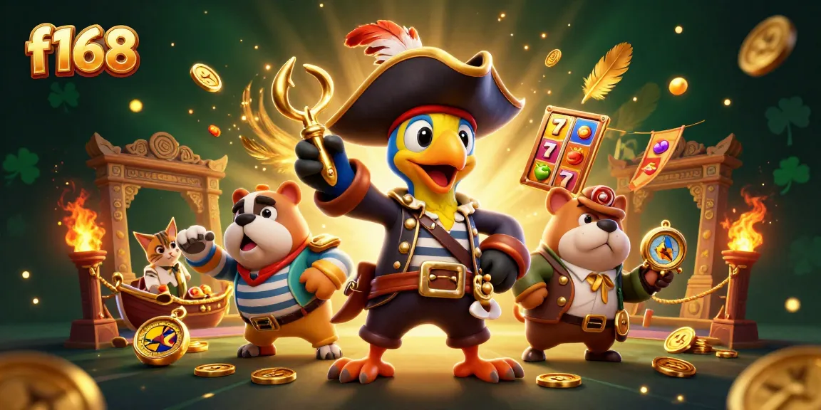 Win big at f168 with a dynamic scene featuring a pirate captain and jackpot elements for exciting gaming.