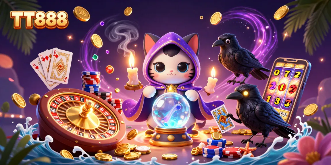Experience exciting gaming at TT888 with a mystical scene of fortune, roulette, and tarot cards.