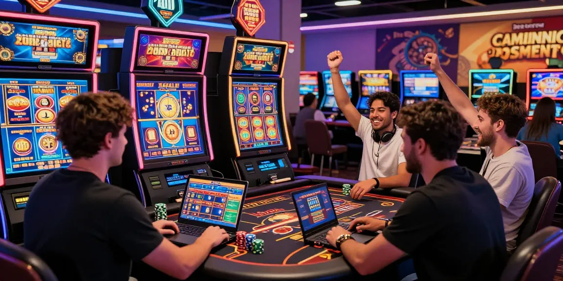 Gruppo emozionante di amici che festeggiano una vincita a un tavolo di roulette virtuale di un casino non AAMS in un vivace salone di gioco.