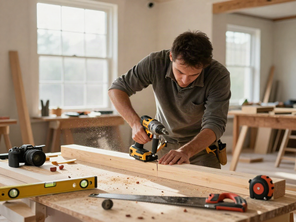 Artigiano che utilizza un avvitatore DeWalt per un progetto di ristrutturazione domestica.