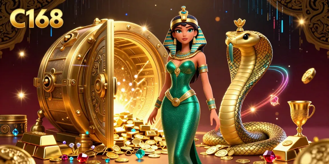 C168 casino scene featuring a woman in a green gown and golden cobra, surrounded by treasures and casino elements.