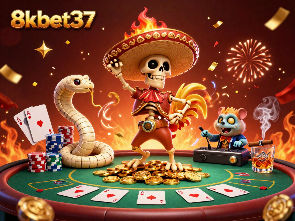 Experience the celebration of 8kbet37 as a 3D skeleton mariachi rooster dances on a treasure of casino chips.
