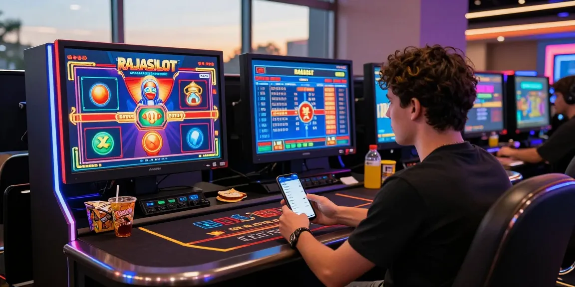 Rajaslot 20: Pemain terlibat dalam permainan kasino online modern dengan grafik cerah dan suasana yang menarik.