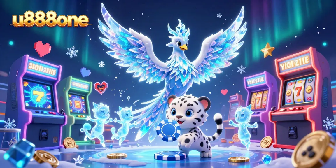 Experience the thrill of u888one with a dynamic scene of a playful ice phoenix and lucky gaming elements.
