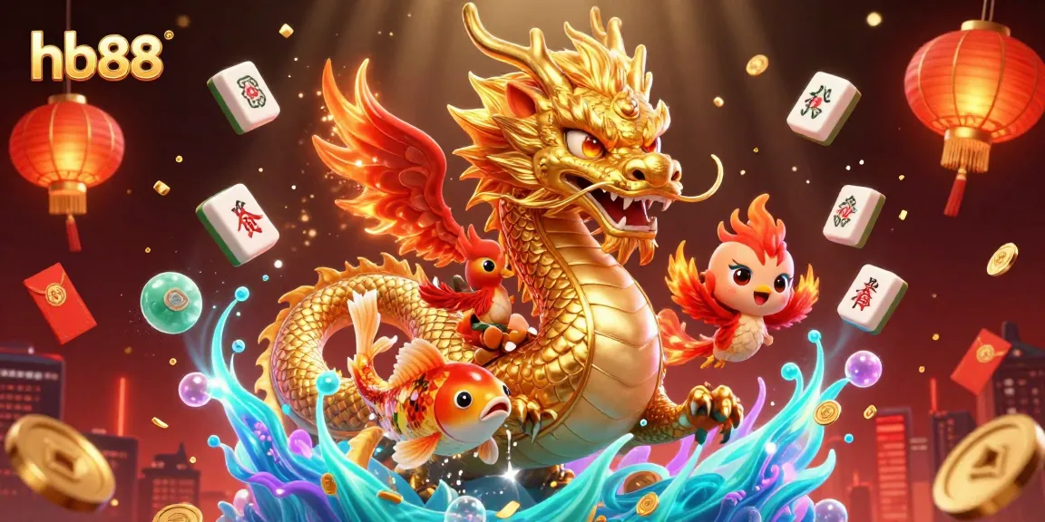 Win big at hb88 with an exciting illustration of a dragon, phoenix, and koi fish in a vibrant casino scene.