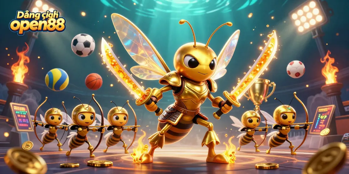 Join the action at Đăng ký open88 with this dynamic illustration featuring a golden hornet in samurai armor.