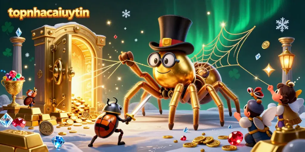 Experience thrilling gameplay at topnhacaiuytin with a golden tarantula and beetle knight in a vibrant casino world.