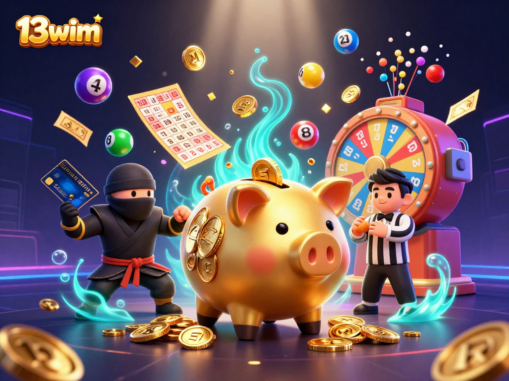 Experience the thrill with 13wim, featuring a golden piggy bank sumo wrestler amidst a vibrant casino scene.