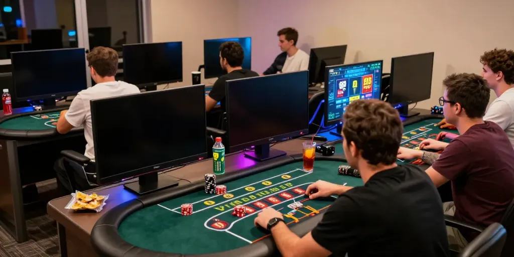 Players enjoying EE88 online casino games in a vibrant home setup