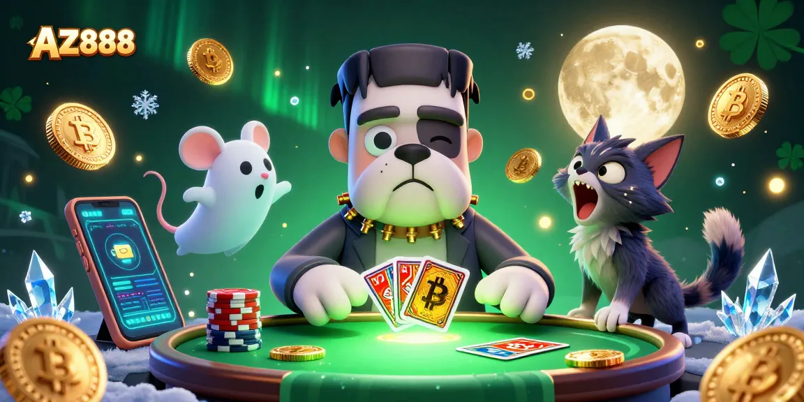 Experience thrilling gaming with AZ888 featuring a cartoon bulldog and ghost mouse in a vibrant casino scene.