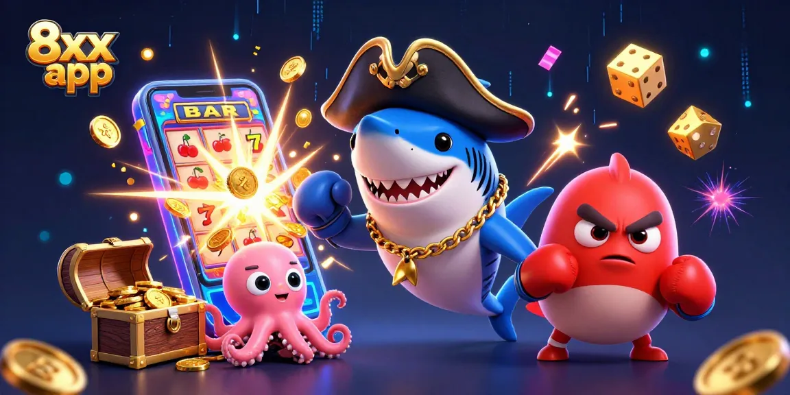 Spin to win with the 8xx app featuring vibrant characters and exciting casino elements.