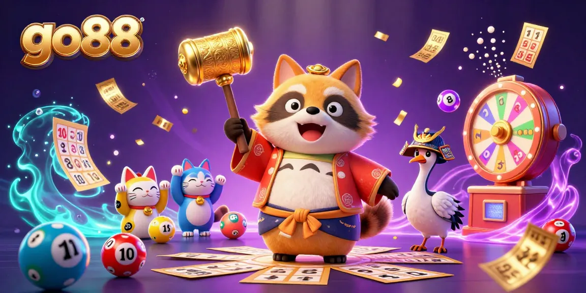 Engage with the vibrant world of go88, where cheerful characters celebrate with colorful lottery elements and dynamic gaming visuals.