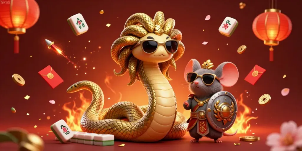 Experience fun gambling moments at GK88 with animated Medusa and a warrior mouse, surrounded by festive decorations.