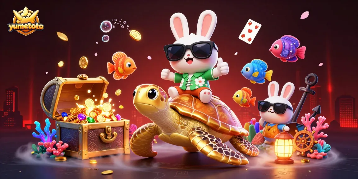 Experience the excitement of yumetoto with a colorful illustration of a lucky rabbit and a golden sea turtle amidst vibrant casino elements.