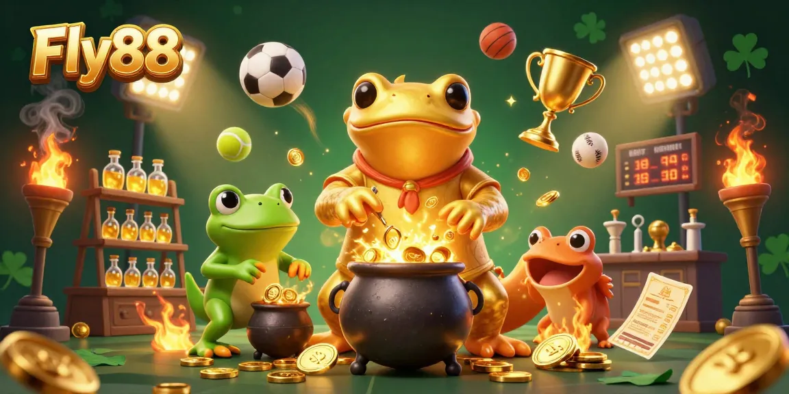 Fly88 enhances excitement with joyful 3D characters creating gold coins and sports elements.