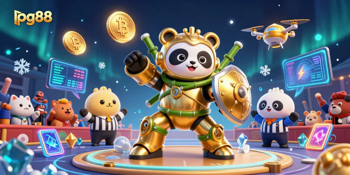 Bet on pg88 with an ultra-detailed 3D illustration featuring a panda piloting a fighting robot amidst crypto coins.