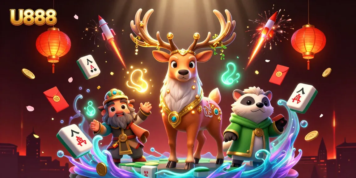 U888 attracts players with a vibrant casino scene featuring magical creatures and festive elements amidst thrilling gambling activities.