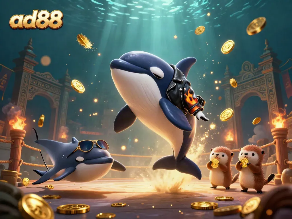 Engage in thrilling adventures at ad88 with a dynamic underwater casino scene featuring vibrant characters and glittering treasures.