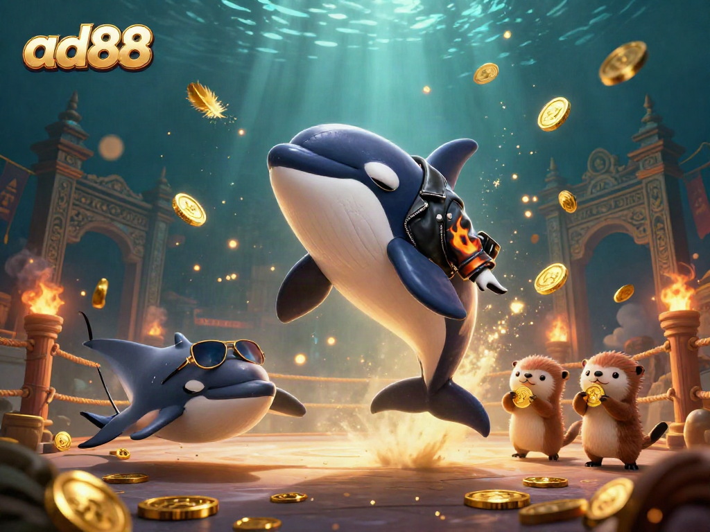 Engage in thrilling adventures at ad88 with a dynamic underwater casino scene featuring vibrant characters and glittering treasures.