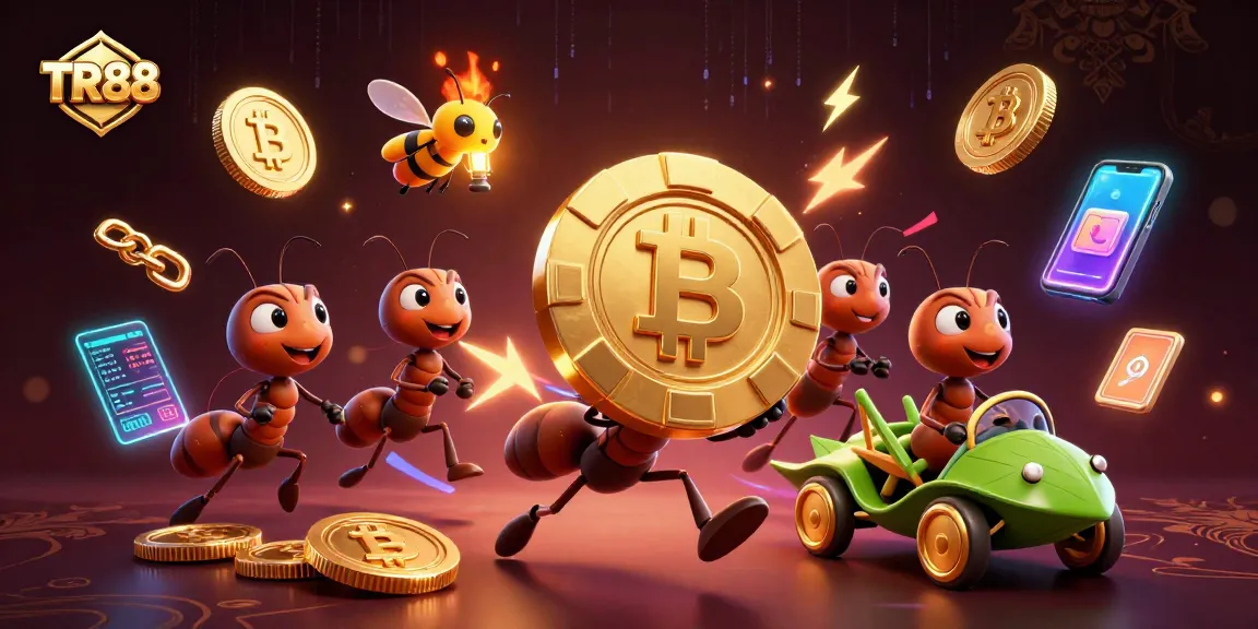 Engage in thrilling gaming with TR88's golden poker chip heist illustration featuring ants and crypto elements.