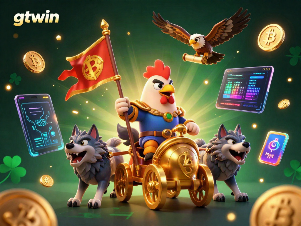 Engage with GTWIN's vibrant casino experience featuring a rooster warlord and gaming symbols.