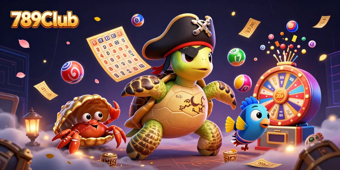 Engage with 789Club's exciting gaming scene featuring a pirate turtle and vibrant lottery elements.