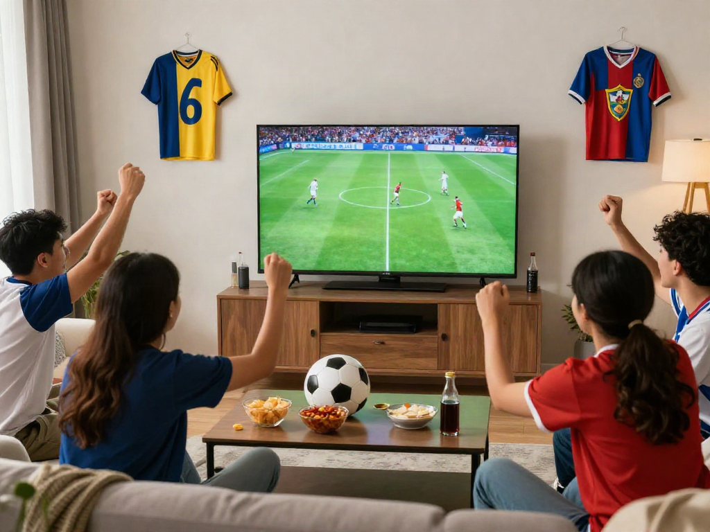 Excited fans watching SOCOLIVE soccer live stream in a lively living room.