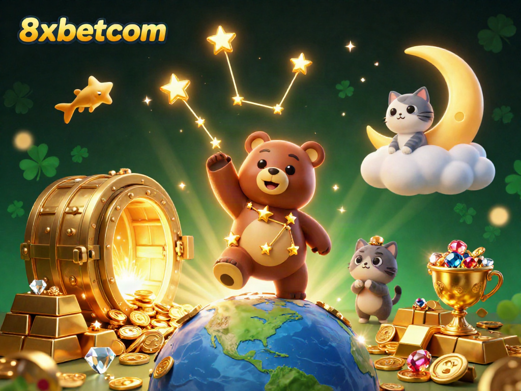 Win big with 8xbetcom in an enchanting 3D casino illustration featuring magical characters.
