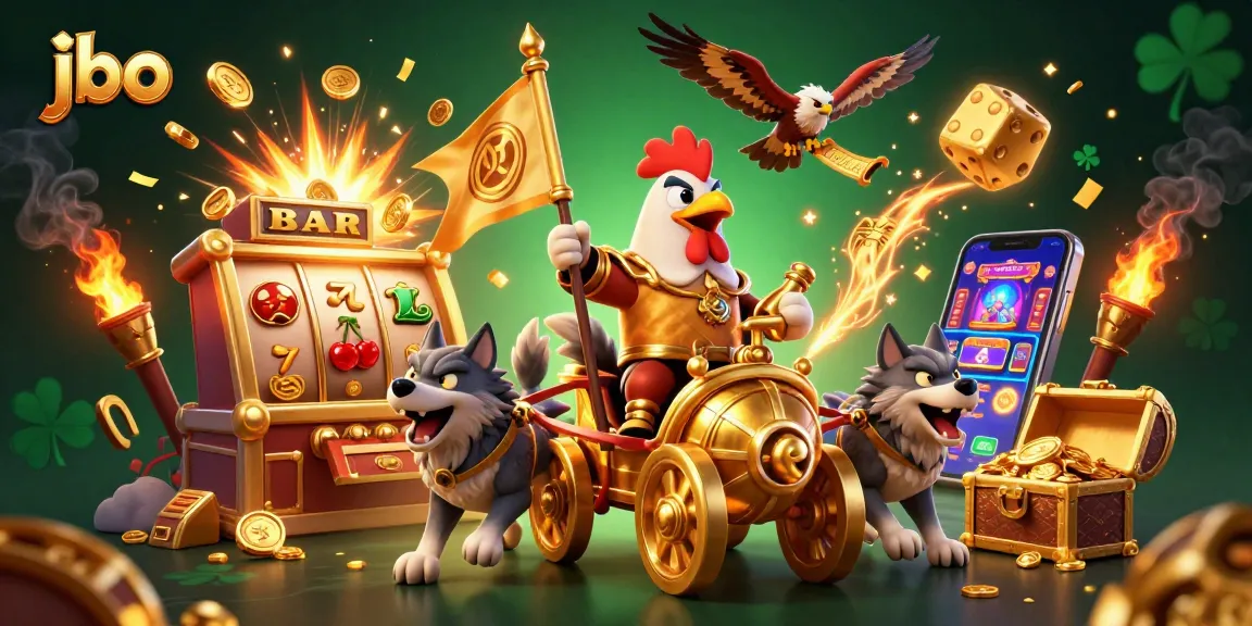 Win big at jbo with a dynamic 3D illustration of a golden chariot led by fierce wolves amid casino excitement.