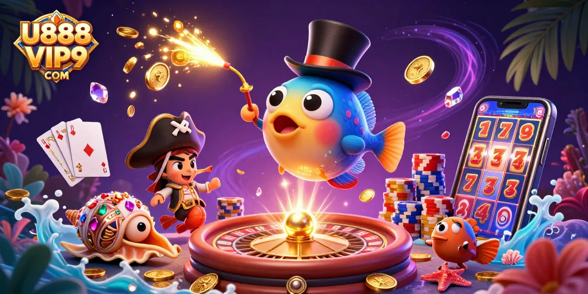 Engage with U888 VIP9 COM as 3D characters attract cascading coins in a vibrant casino-themed illustration.