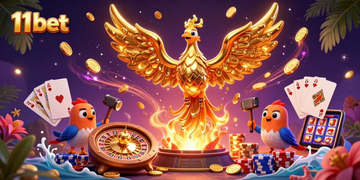 11 bet showcases a golden phoenix in a fiery casino environment, symbolizing winning potential.