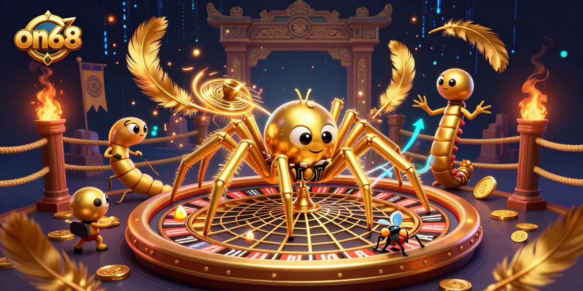 Spin to win at on68 with a golden spider-themed roulette game illustration featuring vibrant casino elements.