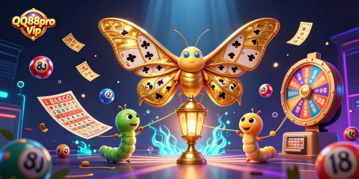 Win big with QQ88pro Vip as golden moths illuminate a lively casino scene.