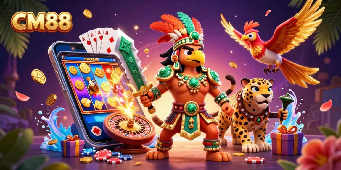 Play thrilling slot games at CM88 with vibrant characters and rich casino elements.